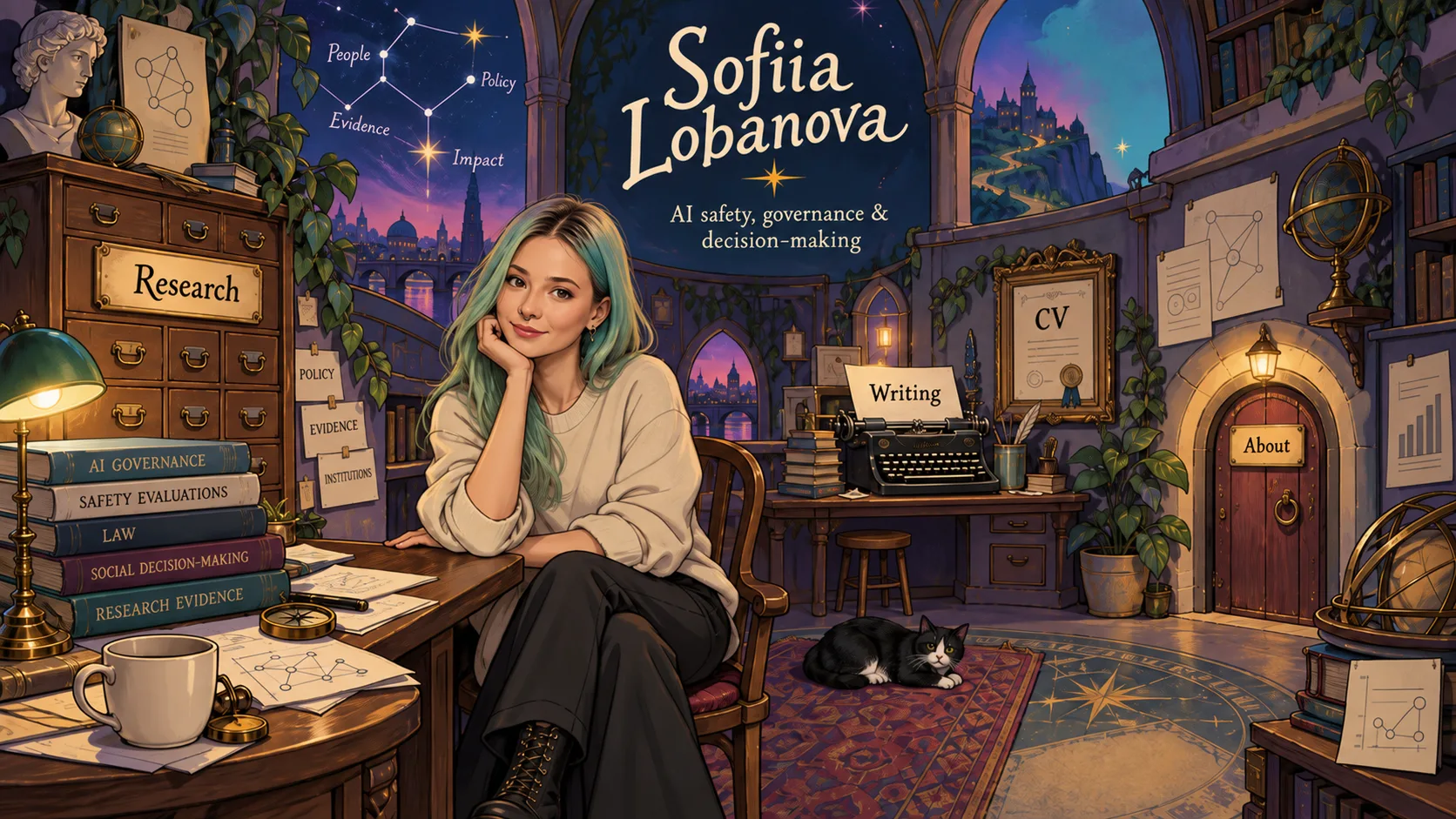 An illustrated, nocturnal research room belonging to Sofiia Lobanova, with a dossier cabinet, typewriter, framed CV and a small arched door.